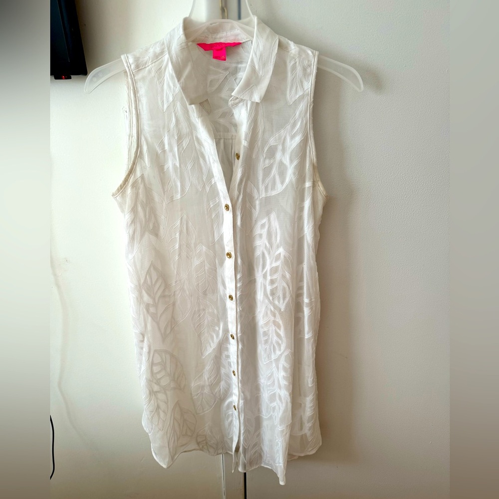 Lilly Pulitzer Beach Cover Up Resort White Poly Crepe Swirl Clip